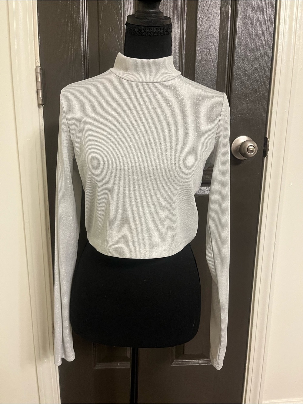 H&M Light Grey With Subtle Shimmer Mock Neck Long-Sleeve Top